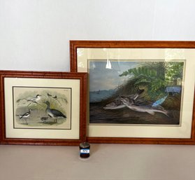 Handsome Wetland Scene Art In Burl Wood Custom Frames- Lot 2