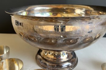 Silver Plated (?) Punch Bowl Set With Golf Engraving