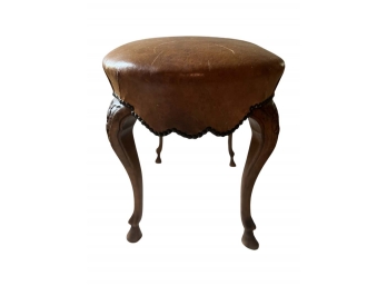 Stunning Antique Leather Seat Stool With Brass Studs- Hand Carved Wood