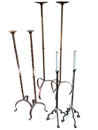 Lot- 2 Pairs Of Hand Made Floor Wrought Iron Candle Holders, 1 Pair Of Wrought Iron Floor Lamps