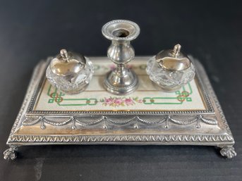 Copeland Ink Stand With Crystal Ink Holders, Silver And Enamel Base