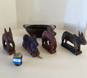 Antique Indian Wood Carved Animal Figurines - Lot Of 5