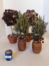 Lot Of Topiaries- Acorn, Wheat In Oak Basket