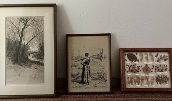 Black & White Etches Of Nature Scenery  &  Navajo Medicine Chart Lot Of 3