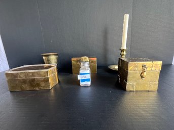 Lot Of Brass Boxes, Candlesticks & Chalice- 5