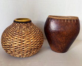 2 Vases- 1 Ceramic & 1 With Seagrass Woven Cover- Lot Of 2