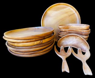 Hand Crafted  Acacia Wood Plates, Bowls, Serving Forks