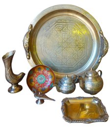 Brass Middle East Style Serving Tray, Tea Kettles, Incense Lamp,Korean Bird Vase, Display Dish