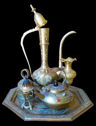 Brass India Tea Pitcher, Bell, Incense Holder, Candle Holder, Chinese Jeweled Tea Pot