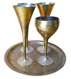 Brass Round Serving Tray, 3 Brass Flutes, 1 Brass Wine Glass