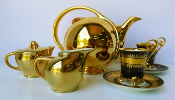 Pottery Barn Gold Teapot, Sugar Caddie, Cream Pitcher, Tea Cups And Saucers