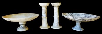 2 Marble Pedestal Serving Platters And 2 Marble Candle Holders