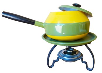 Vintage Mid-Century Yellow And Green Fondue Pot With Stand Burner Holder