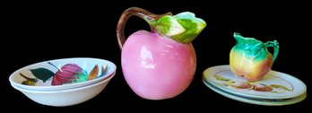 Ceramic 'Peach' Pitcher, Peach Cream Dispenser, 2 Fortuna Portuguese Plates 7.5', Westwood Co. Fruit Painted