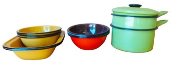 Colorful Enamel Bowls, Plates, Cooking Pot