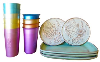 Frankoma Vintage Ceramic Hot Plates,  Frankoma Vintage Serving Dishes, 4 Tulip Rim Metal Cups