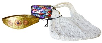 Tin Pressed Belt, Crocheted White Purse, Beautiful Sequined Colorful Clutch Purse