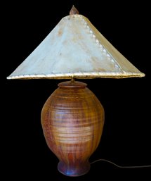 Vintage Ceramic Table Lamp With Cow Hide Shade (Plugged In, Works)