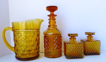 Vintage Amber Depression Glass Water Pitcher, Decanter With Lid, 2 Small Containers With Lids
