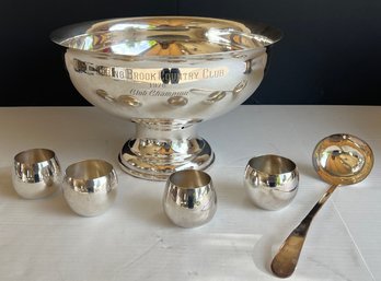 Silver Plated (?) Punch Bowl Set - Golf Engraving