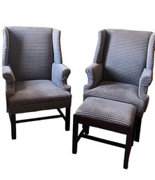 Pair Of Beautiful Upholstered Wingback Chairs With Ottoman