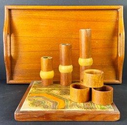Pretty Mid Century Hot Plate, Wooden Serving Tray, Danish Candle Holders & Napkin Rings