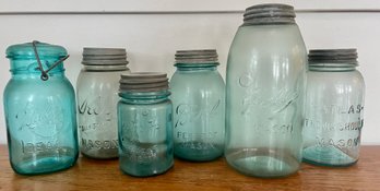 Antique Ball And Atlas Jars, Mostly Blue