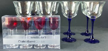 8 Vintage Blue Stem Wine Goblets And 4 Crate & Barrel Cordials