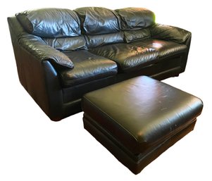 Ethan Allen Black Leather Sofa With Footrest Ottoman