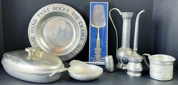 Vintage Pewter Lot Including Norwegian Serving Spatula, Wilton Engraved Plate, Crab Mallet & More!