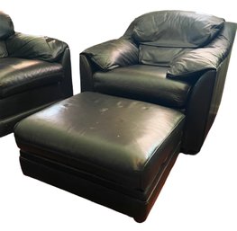 Ethan Allen Black Leather Chair With Footrest Ottoman
