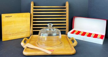 Vintage Oak Cheese Dome, Sensenich Cutting Board, Fama Inoch Cheese Knives & Raised Wooden Stand