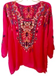 Johnny Was Oversized Embroidered Top In Fuchsia, Size Medium