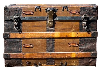 Antique Wood & Iron Storage Trunk With Primitive Iron & Metal Pieces, All Contents Included