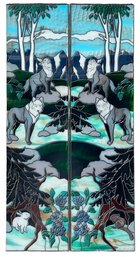 2 Stunning Vintage Stained Glass Window Panels - Wolfpack Mountain Scene