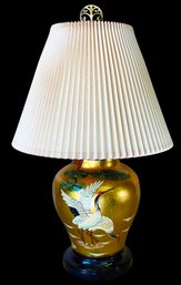 Gold Oriental F. Cooper Table Lamp With Painted Cranes, Plugged In And Works