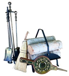 Beautiful Dimpled Fire Set With Extra Poker, Tin Pressed Ornate Bellow, & Wood Holder With 7 Pieces Of Aspen
