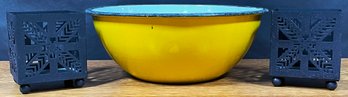 Vintage Yellow Enamelware Japanese Mixing Bowl & 2 Black Metal Candle Holders