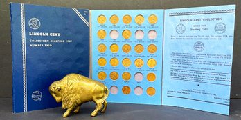 Brass Buffalo Bank With Partial Lincoln Cent Coin Collection