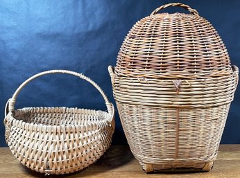 2 Woven Wicker Baskets, One With Lid