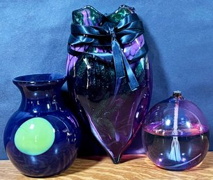 2 Signed Art Glass Vases & Oil Wick