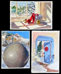 3 Original Julia Jordon Winter Watercolor Paintings Including Granite Ball