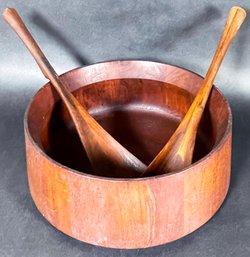 Vintage Dansk Denmark Wood Salad Bowl With Fun Utensils