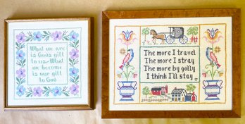 'More I Travel' And 'God's Gift' Cross Stitch Framed Art Work By Ann