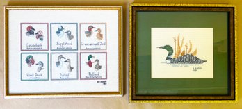 'Duck Species' And 'swimming Duck' Cross Stitch Framed Art By Ann Modahl