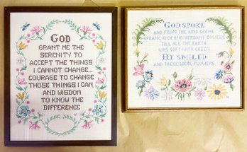 'God Spoke' And 'God Grant' Framed Cross Stitch Art Work By Ann Modahl