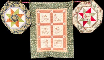 3 Art Quilts With Images Of Pine Cones, Fishing, Indian Children By Ann Modahl