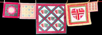 5 Small Quilts With Images Of Hearts, Fans, Triangles, Star Pattern By Ann Modahl