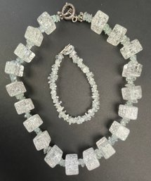 Cracklerock Crystal And Aquamarine Beaded Necklace With Cute Chip Beaded Bracelet