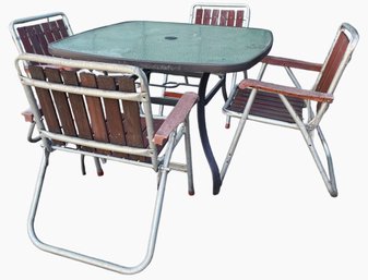 Patio Table & 4 Chrome/wood Folding Chairs